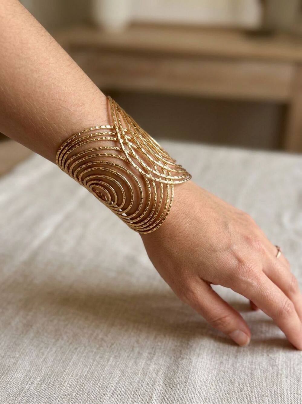 Vintage Gold Tone Hammered Cutout Open Band Wide Cuff Statement Bangle Bracelet